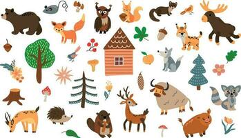 Set of forest animals. Drawn style. White background, isolate. Vector illustration.