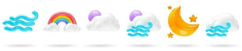 Set of 3D Weather icons. windy, rainbow, night moon and cloudy icons on isolated white background. forecast sign design for application and web. 3d render illustration. photo