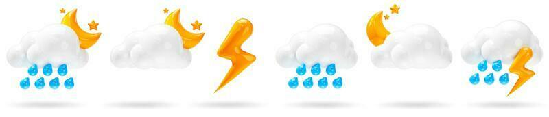Set of 3D Weather icons. raining, lightning, thunderstorm and party cloudy icons on isolated white background. forecast sign design for application and web. 3d render illustration. photo