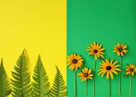 verde césped y amarillo flores en el vistoso antecedentes y fondo foto