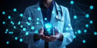 Close-up view. Hands of a doctor touching a technology screen. like a stethoscope modern medical technology photo