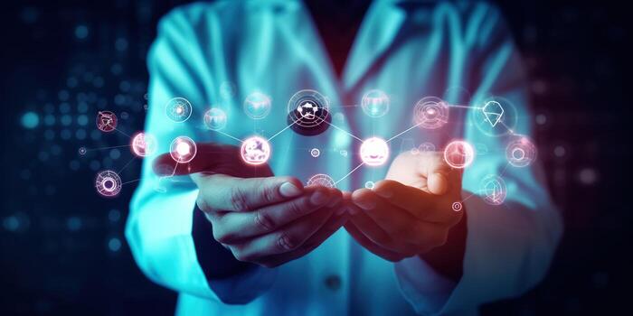Close-up view. Hands of a doctor touching a technology screen. like a stethoscope modern medical technology photo