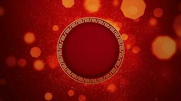 Chinese Japanese and Korea  style abstract with octagonal circle gold particles on red background. video