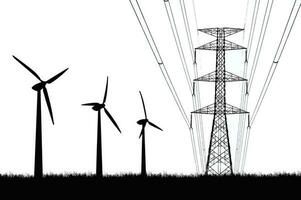 Vector illustration of high voltage towers and wind turbines on a white background. clean energy concept