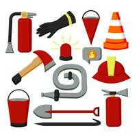 Set of firefighter equipment. Fireman tools set. Hydrant, fireplug, extinguisher, helmet, helm, ax, hatchet, axe, hook. Vector illustration.