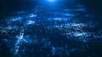 Abstract background digital circuit network floor ground perspective cyberspace with flares. Futuristic glittering in space on blue background. video