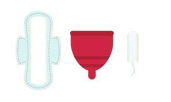 Feminine intimate hygiene. Menstrual period. Sanitary napkins, tampon, cup. vector