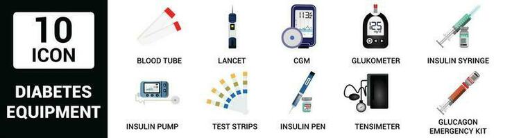 médico diabetes plano icono conjunto para web vector