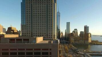 Establishing shot of modern cityscape high rise skyscrapers buildings in business district video