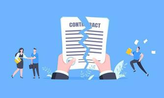 Contract cancellation business concept. Terminated tearing contract paper sheet breach. vector