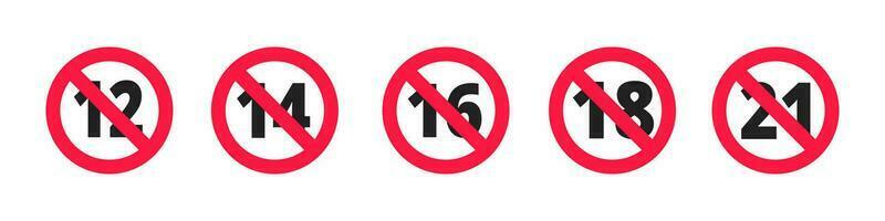 Adults content only age restriction 12, 14, 16, 18, 21 plus years old icon signs set. vector