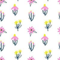 Abstract flowers on white background seamless pattern. Vector endless trendy ornament.
