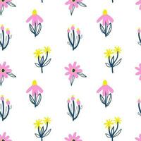 Abstract flowers on white background seamless pattern. Vector endless trendy ornament.