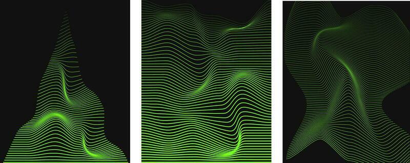Distorted pattern of green neon lines on a black background. Abstract glitch background. Retrowave, vaporwave. Acid green, black colors. Fashion retro 1980s, 90s style. Print, poster, banner.
