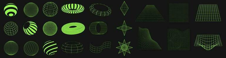 Big set of wireframe shapes. Cyber neo futuristic grids, 3d mesh objects and shapes. Wireframe wavy geometric perspective ball, sphere, rhombus, oval, grid, . 80s cyberpunk elements, vector set.