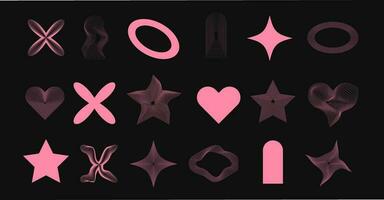 Set of line figures, 3d figures, wireframe figures, deformed figures. Wireframe abstract wavy shapes, elements. 80s cyberpunk elements, vector set. Pink, neon. Cyberpunk, rave, retro, trend