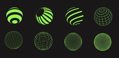 Set of wireframe shapes. Cyber neo futuristic grids, 3d mesh objects and shapes. Wireframe wavy geometric perspective ball, sphere. 80s cyberpunk elements, vector set.