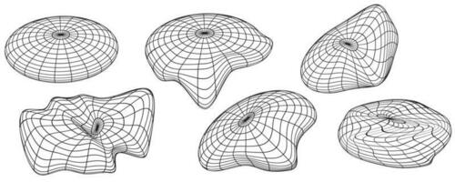 conjunto oval forma pegatinas con diferente lineal formar inspirado por brutalismo, cyberpunk colección extraño wireframes vector 3d geométrico formas, distorsión y transformación de cifra, diseño elementos