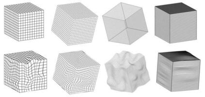 conjunto cubo forma pegatinas con diferente lineal formar inspirado por brutalismo, cyberpunk colección extraño wireframes vector 3d geométrico formas, distorsión y transformación de cifra, diseño elementos