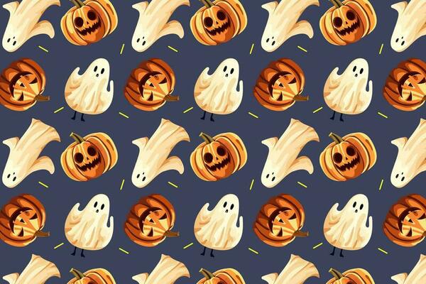 Pattern, halloween, ghosts and pumpkins. Autumn pumpkins, ghosts, seamless pattern on a purple background. Holiday. Halloween, Design elements for logo, badges, banners, labels, posters, postcards