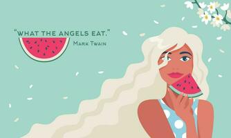 National Watermelon Day, August 3. Summertime, recreation, sea. Woman with slices of watermelon. Quote. Vector illustration in a minimalist style