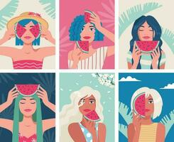 Summer time, vacation, sea. Set of female portraits with pieces of watermelon. Vector illustration in a minimalist style