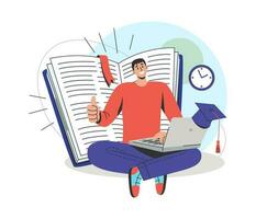 The student sits with a laptop on the background of an open book. Online education concept.Vector flat illustration isolated on white background. vector