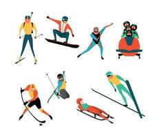 Set of people athletes winter sports. Skiing, snowboarding, skating and more. Vector flat illustration