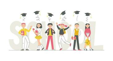 Set of vector illustrations of boys and girls, schoolchildren. Pupils with books and backpacks isolated on white. Collection of children with square academic cap