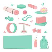 Yoga. Yoga objects, mat, massage ball, lotus, smoothie, roller and more. Vector flat illustration