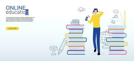 Online learning concept. A student in headphones and with a smartphone in his hand walks through the corridor of books. Vector flat illustration