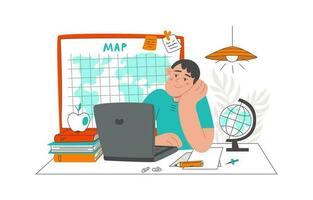 Teaching students online at home. The character is looking at a laptop and studying. The concept of online education, internet courses. Vector illustration