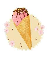 Ice cream cone sprinkled with stars with flowers. Isolated vector illustration