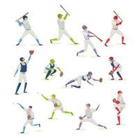 Vector flat set of baseball players in different poses. Softball team isolated illustration on white background