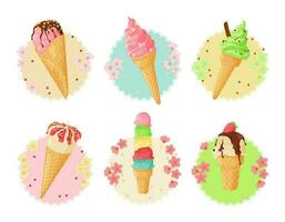 Set of ice cream cones with flowers decoration. Isolated vector illustration