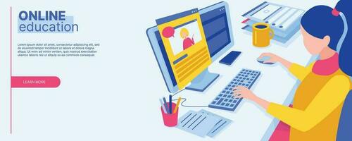 Online teaching of students at home. The character sits at the table, looks at the computer monitor and learns. Online education concept. Flat isometric vector illustration