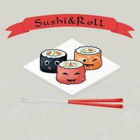 un conjunto de linda Sushi y rollos con un sonriente alegre rostro. platos de japonés tradicional cocina. vector