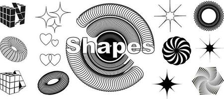 Set of abstract 3d geometric shapes and trendy geometric shapes. Vector illustration with 3d wireframe models. Y2K.