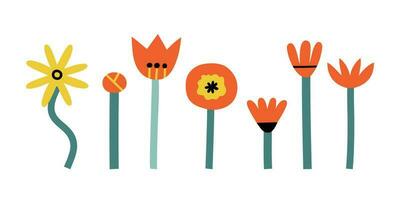 set with graphic flowers in flat style. vector illustration