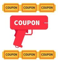 Money gun. Shoot money and coupons from the toy gun. Poster, flyer. Trendy flat vector illustration.