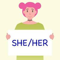 Pronouns human hand hold banner with sign she her vector