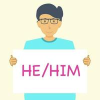 Pronouns human hand hold banner with sign he him vector