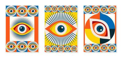 Bauhaus abstract eye poster set color style minimal 20s vector