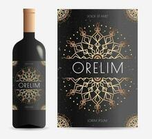 Vine label mandala gold style on black background vector