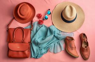 handbag and accessories on top of table with photo