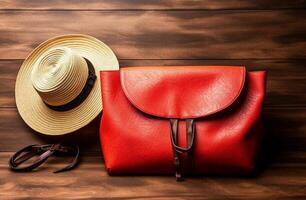 handbag and accessories on top of wooden table with Generative AI photo