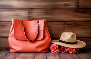 handbag and accessories on top of wooden table with Generative AI photo