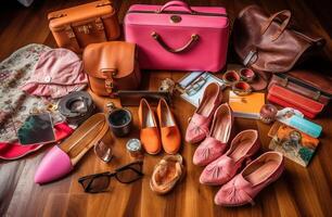handbag and accessories on top of wooden table with photo