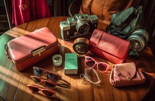 handbag and accessories on top of wooden table with photo