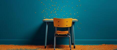 Table with chair and school bag in bright style with photo